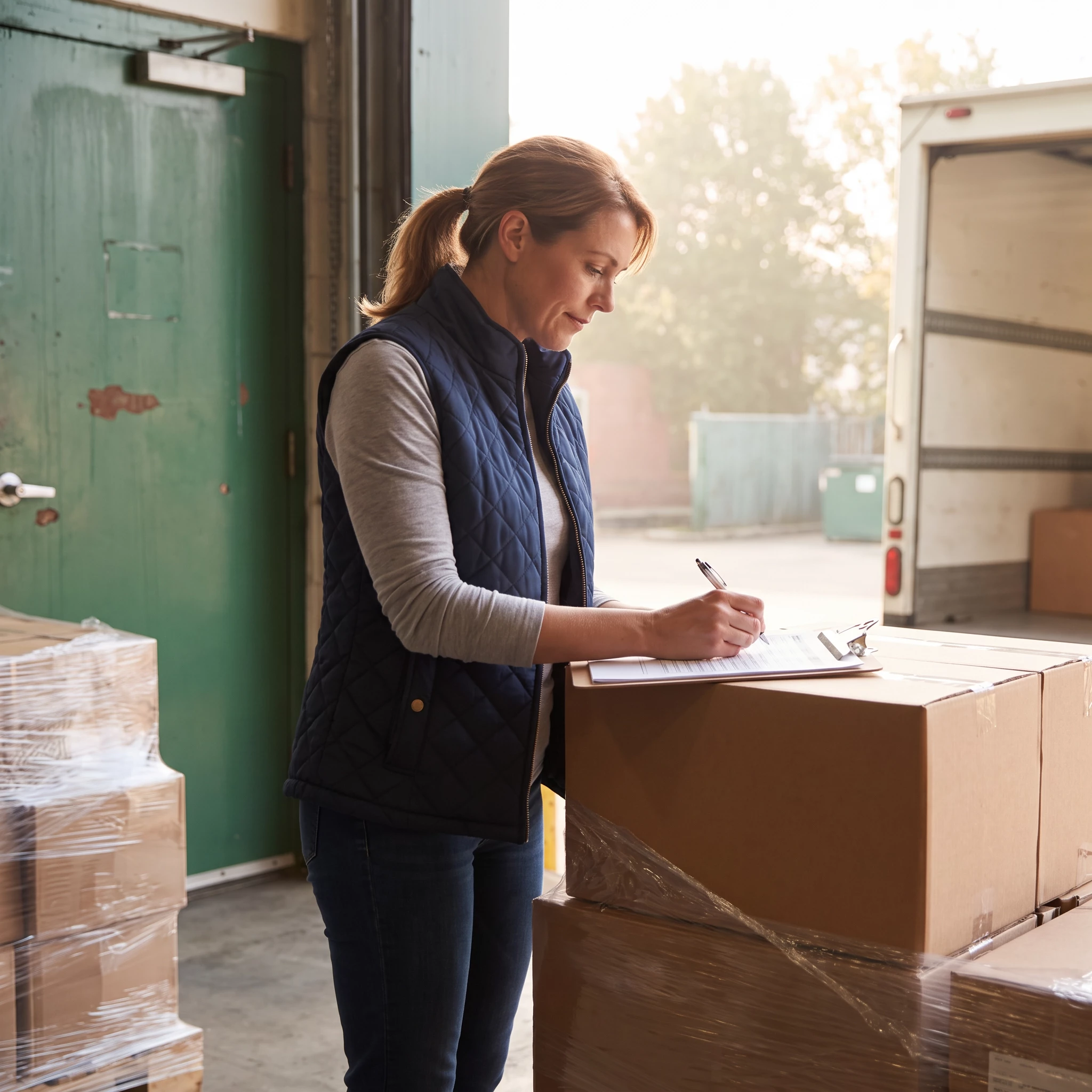 Woman in navy quilted vest signing a clipboard on stacked cardboard boxes at a warehouse loading dock, delivery van
