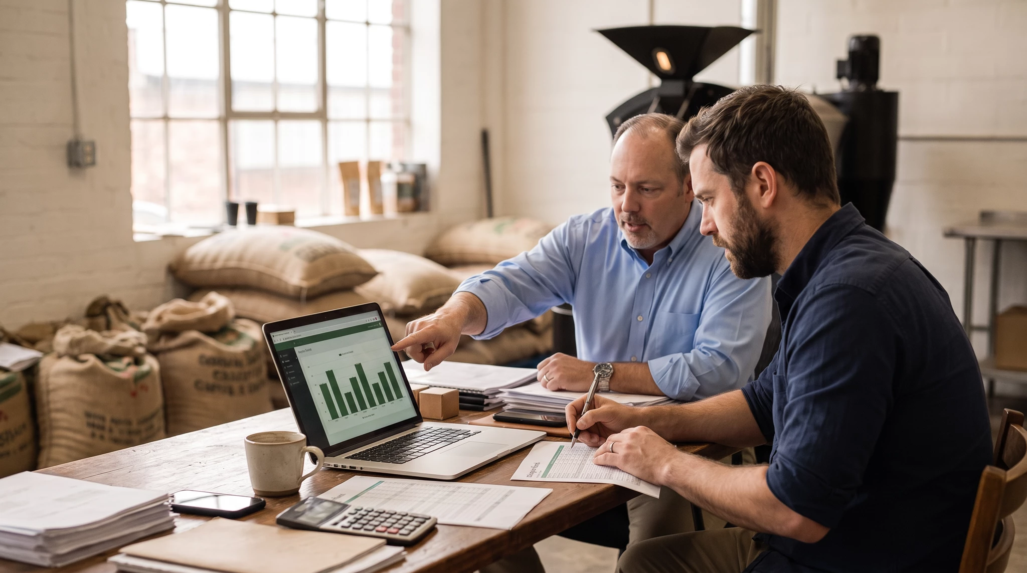 Two men reviewing a green bar chart on a laptop at a wooden table in a coffee roastery with burlap sacks and roasting