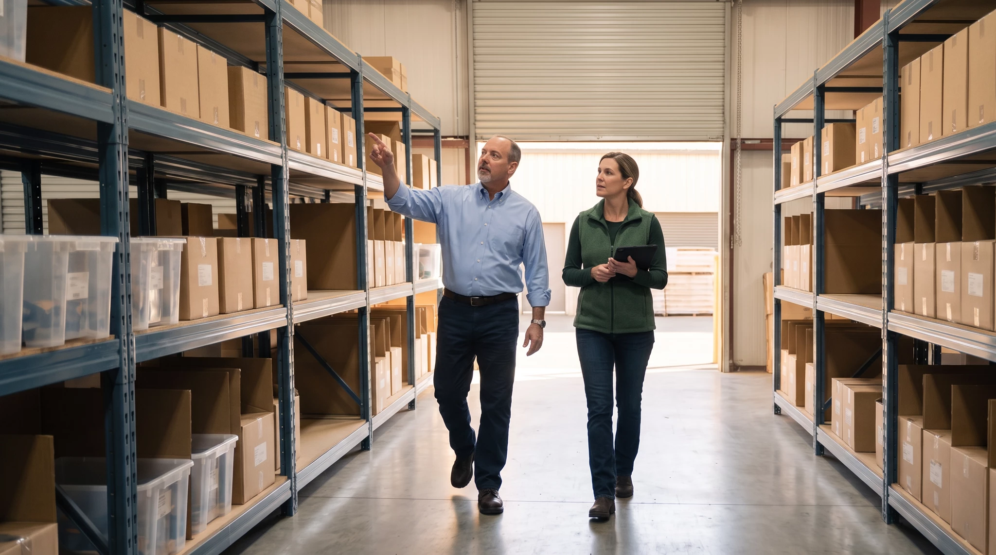 Two people walking down a warehouse aisle between metal shelving stocked with cardboard boxes and clear plastic bins
