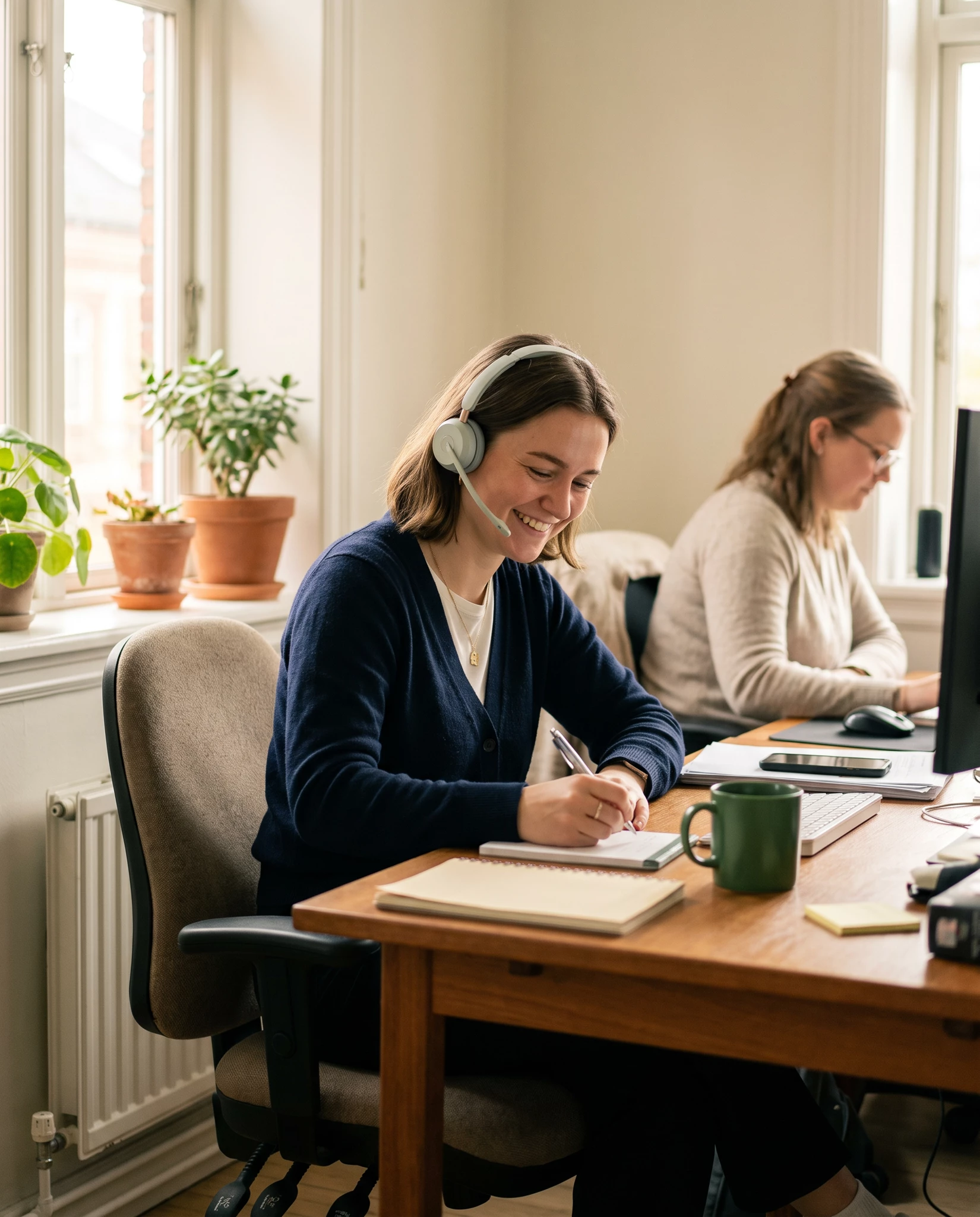 Smiling woman in navy cardigan wearing headset with mic taking notes at wooden desk beside coworker at computer
