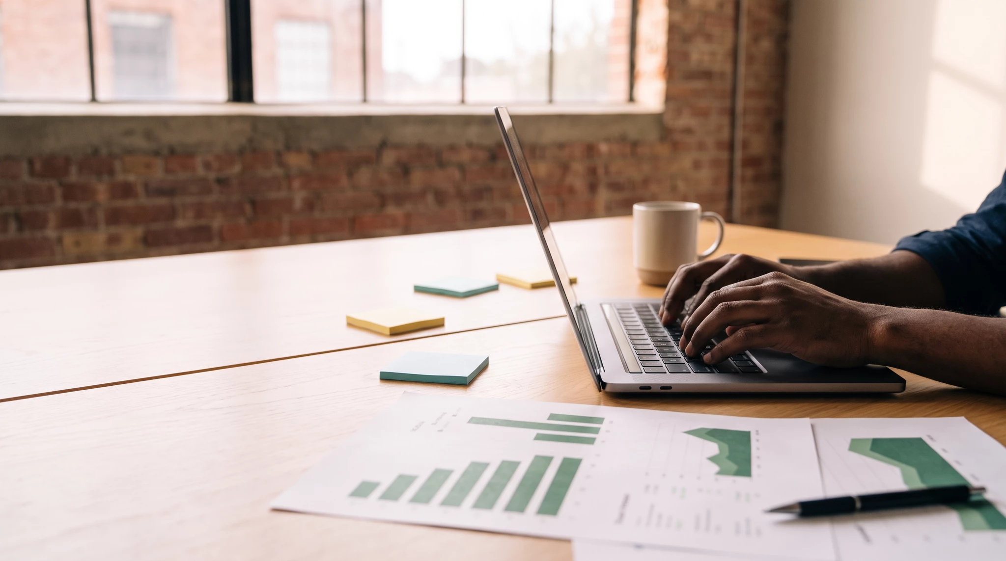 Person typing on a laptop at a wooden desk beside green bar and area charts on printed reports, sticky notes and pen nearby