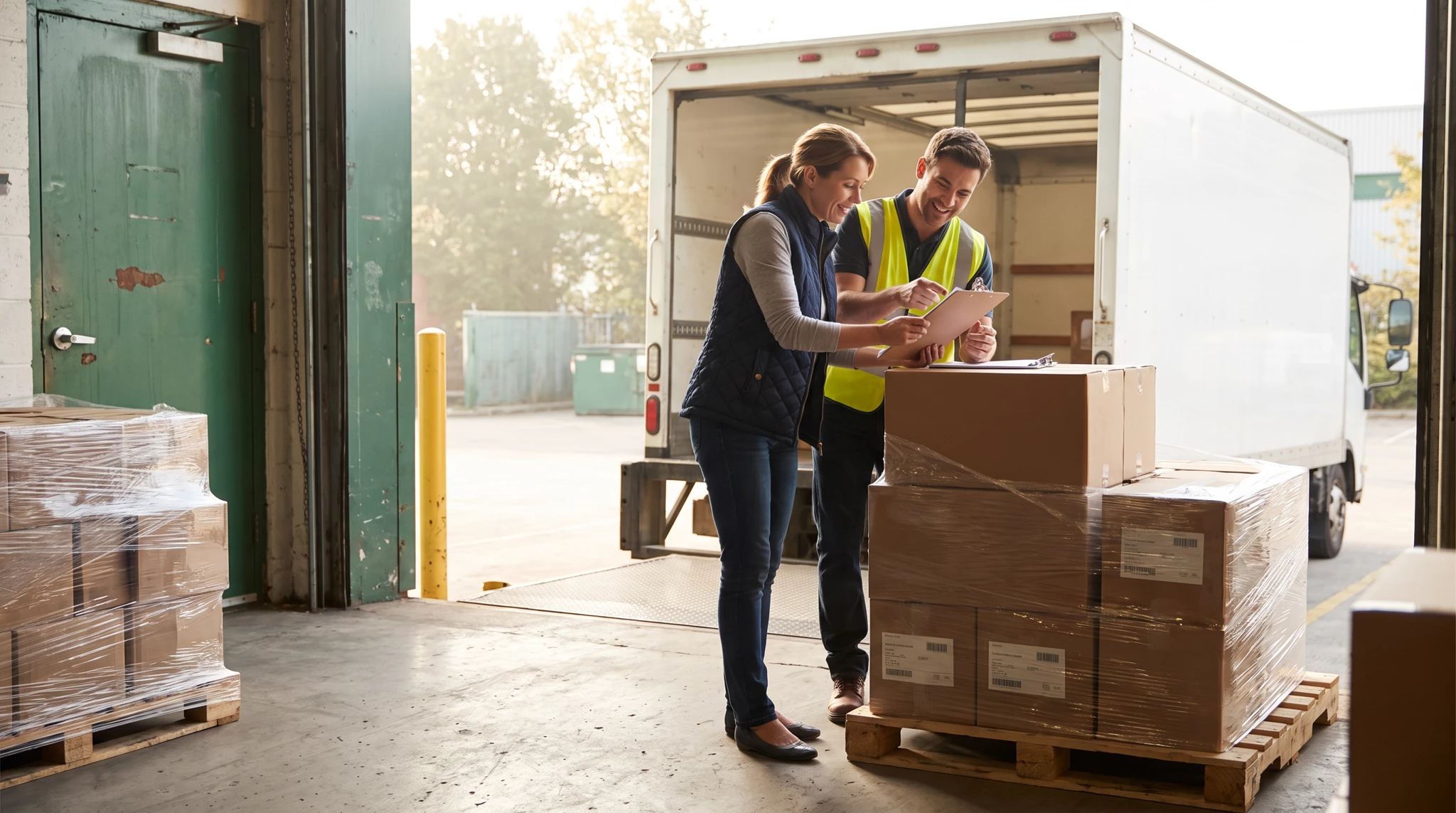 Two warehouse workers checking a clipboard beside a pallet of shrink-wrapped cardboard boxes at a loading dock with an open