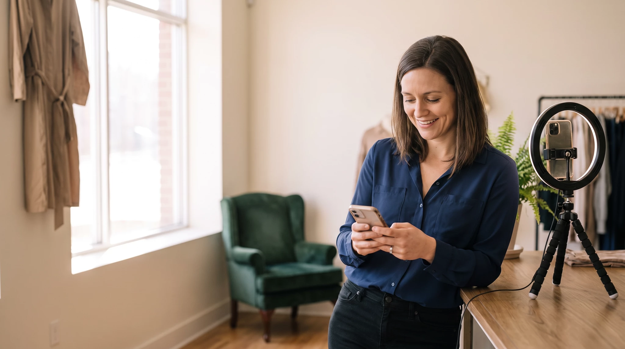 Smiling woman in navy blouse holding smartphone beside ring light on tripod in boutique shop