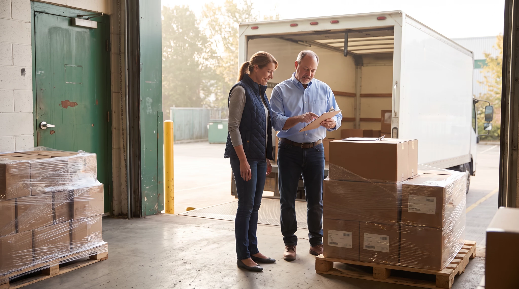 Two coworkers checking a clipboard inventory beside stacked shrink-wrapped cardboard boxes on pallets at a warehouse loading