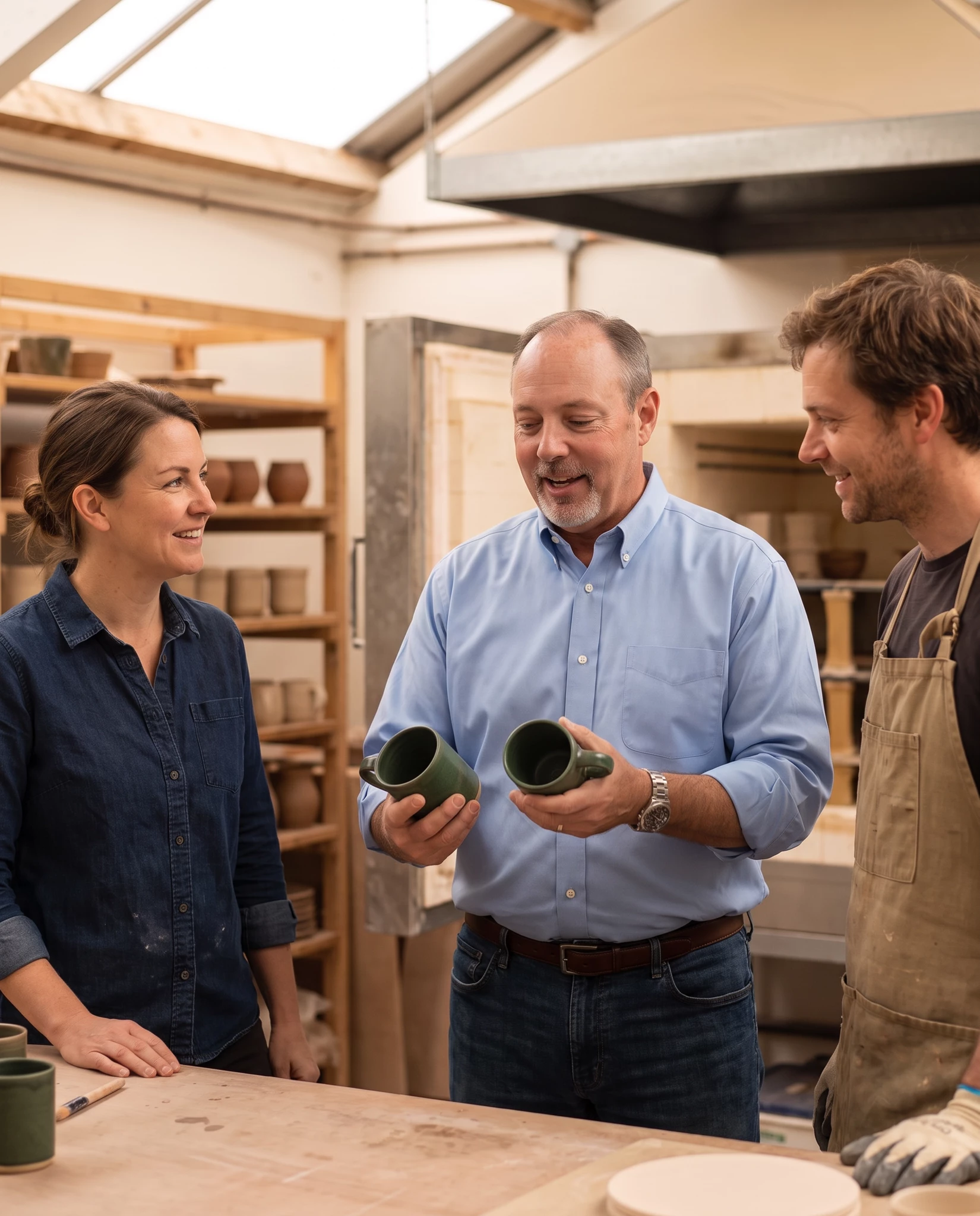Three people in a pottery studio examining two green glazed mugs, smiling, warm natural light, candid