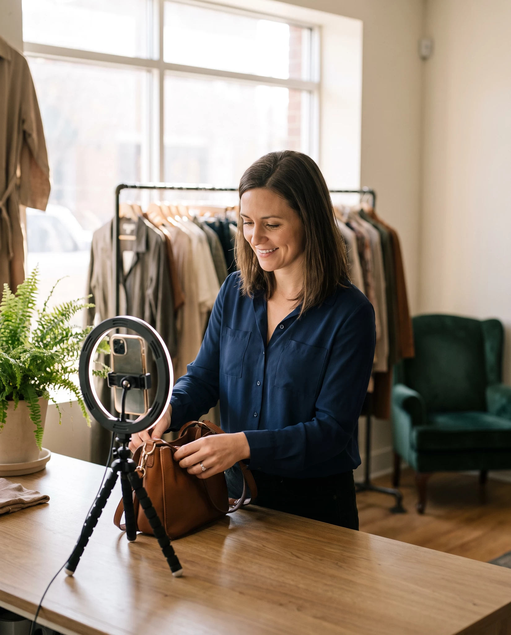 Smiling woman in navy blouse filming a brown leather handbag on a phone with a ring light on a wooden table in a bright