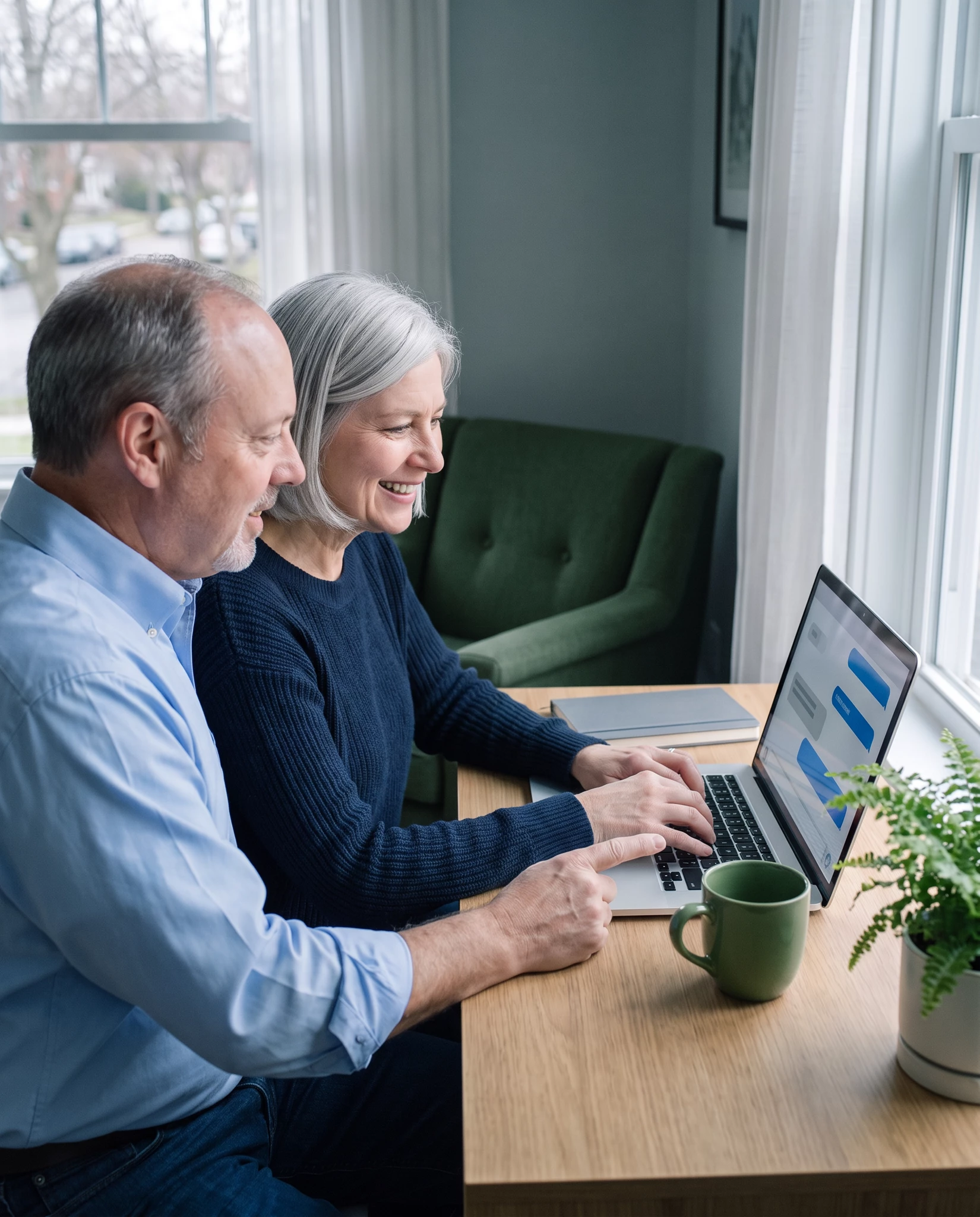 Smiling older couple sharing a laptop at a wooden desk by a window, man pointing at the screen, home office