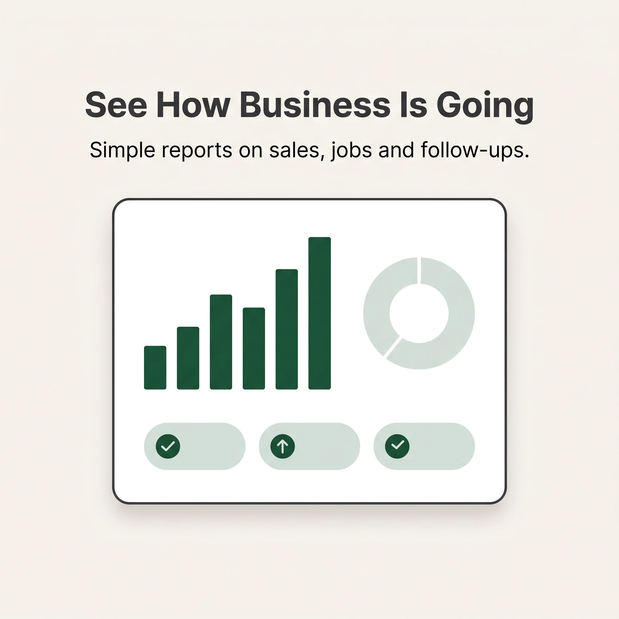 Flat dashboard illustration of rising green bar chart, donut chart and check/arrow status pills