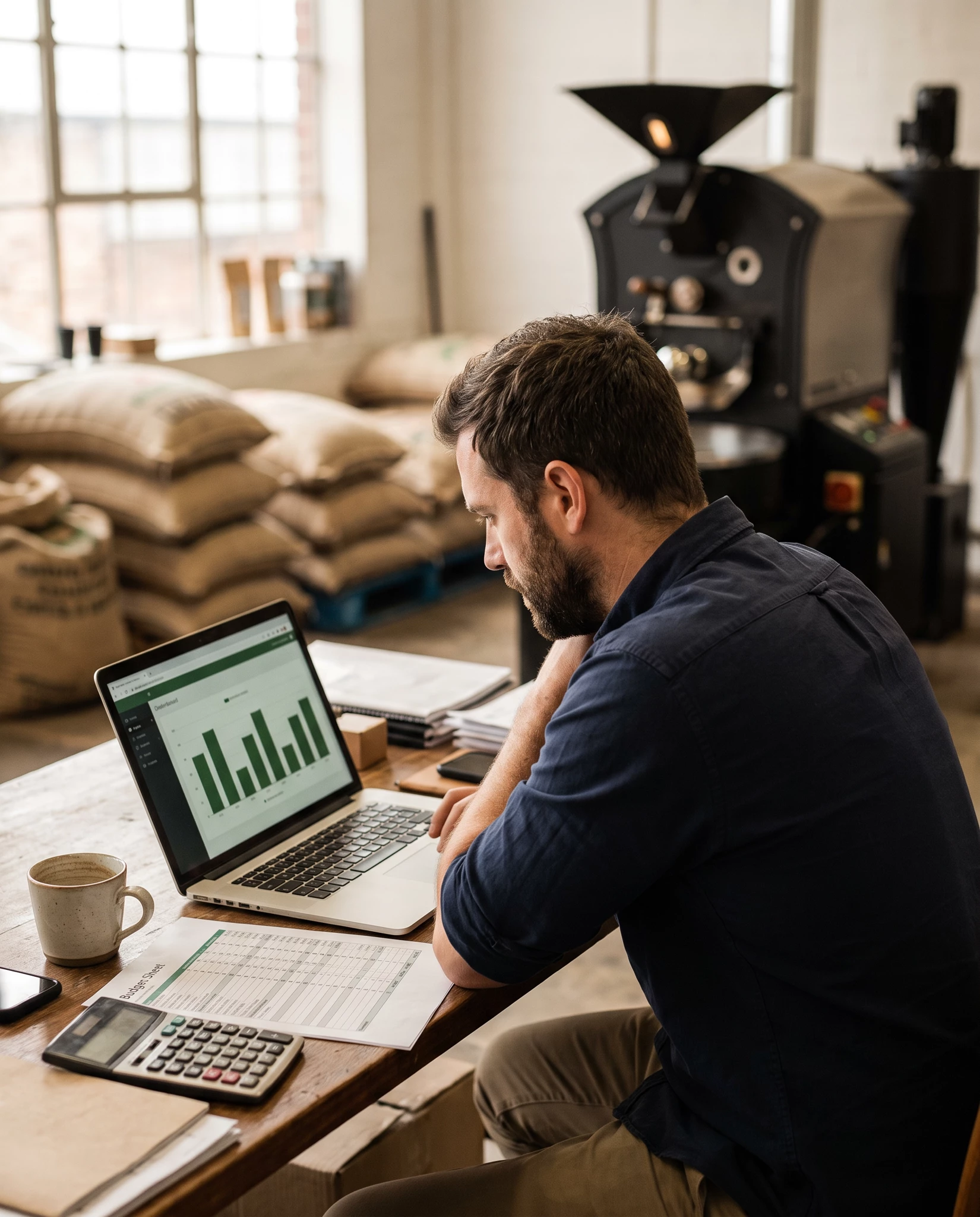 Bearded man in navy shirt leaning over laptop showing green bar chart in a coffee roastery workspace with burlap sacks