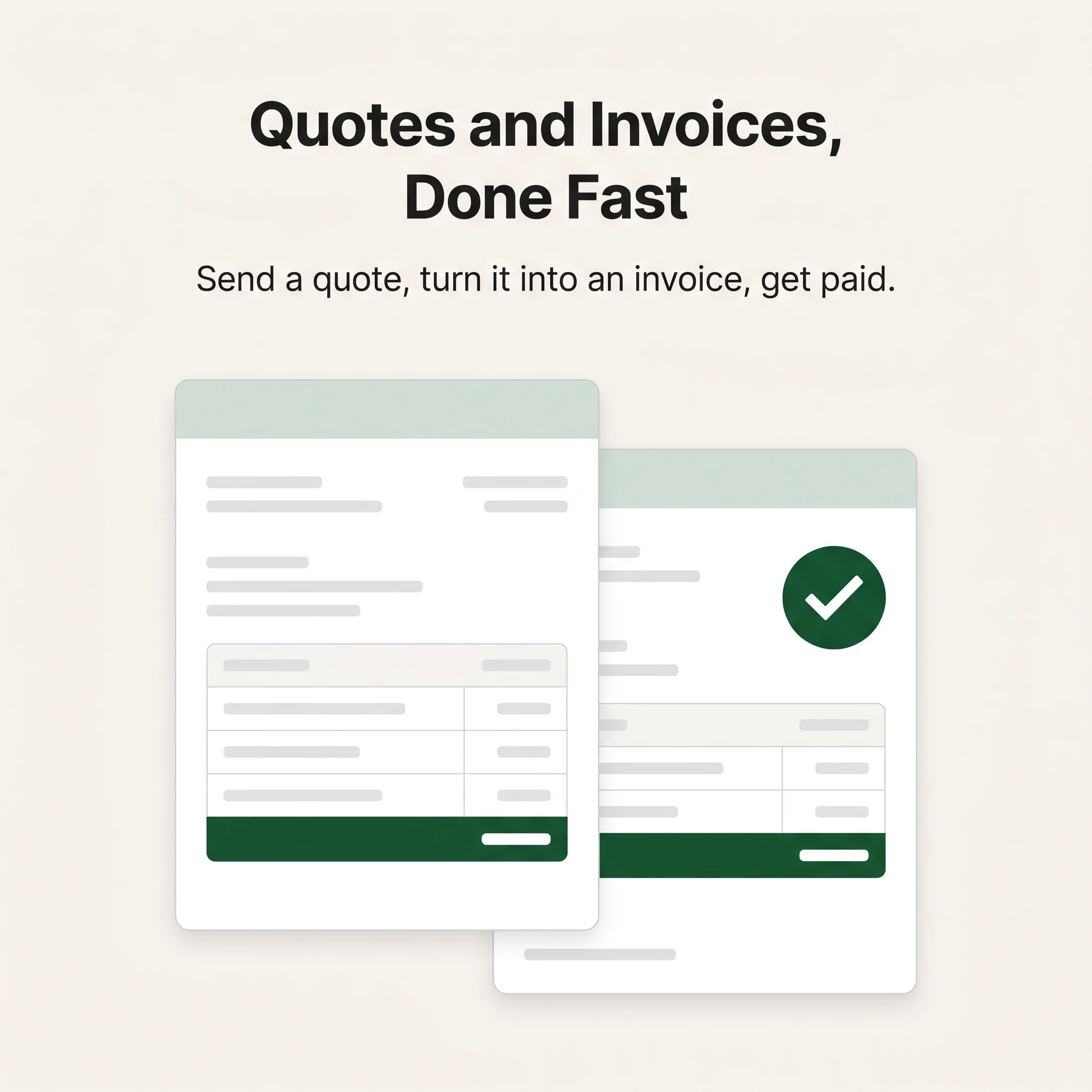 Two overlapping quote/invoice document cards with green totals bars and a green checkmark badge