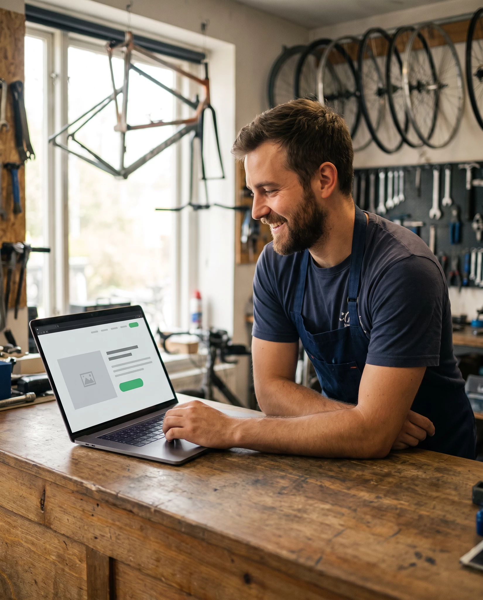 Smiling bike mechanic in navy apron and tee working on a laptop at a wooden workbench in a bike shop