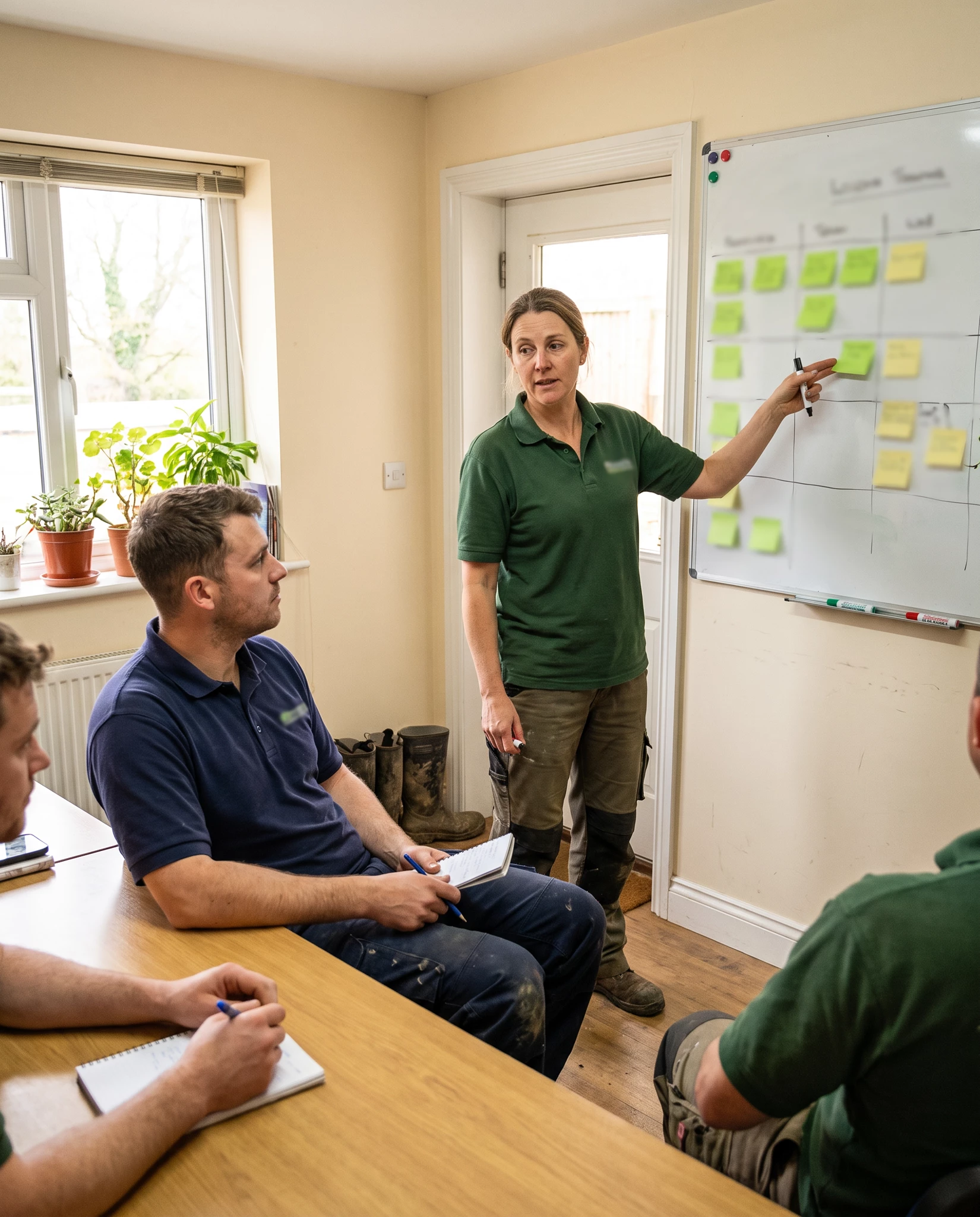 Woman in green polo presenting at a whiteboard covered in sticky notes to a team of workers in a meeting room