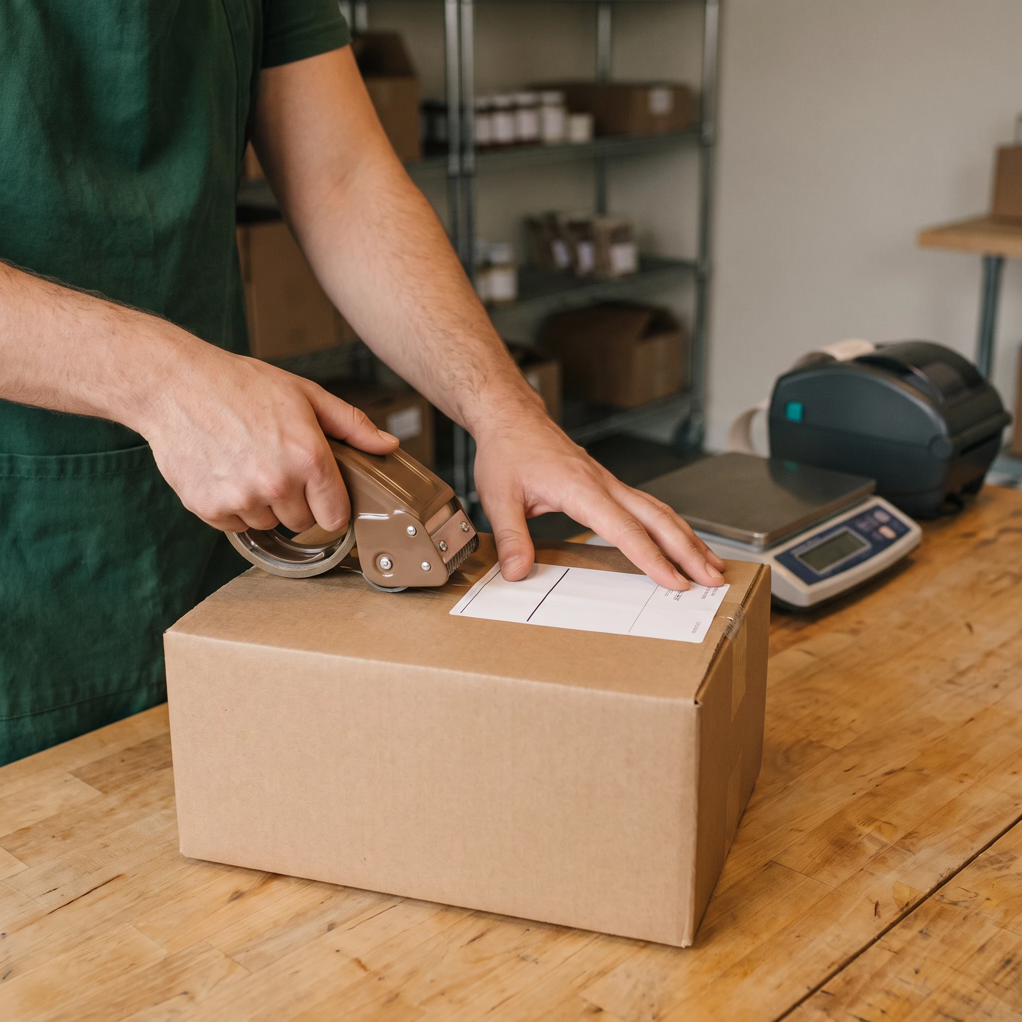 Person in green apron taping a kraft cardboard shipping box on a wooden workbench, blank shipping label on box