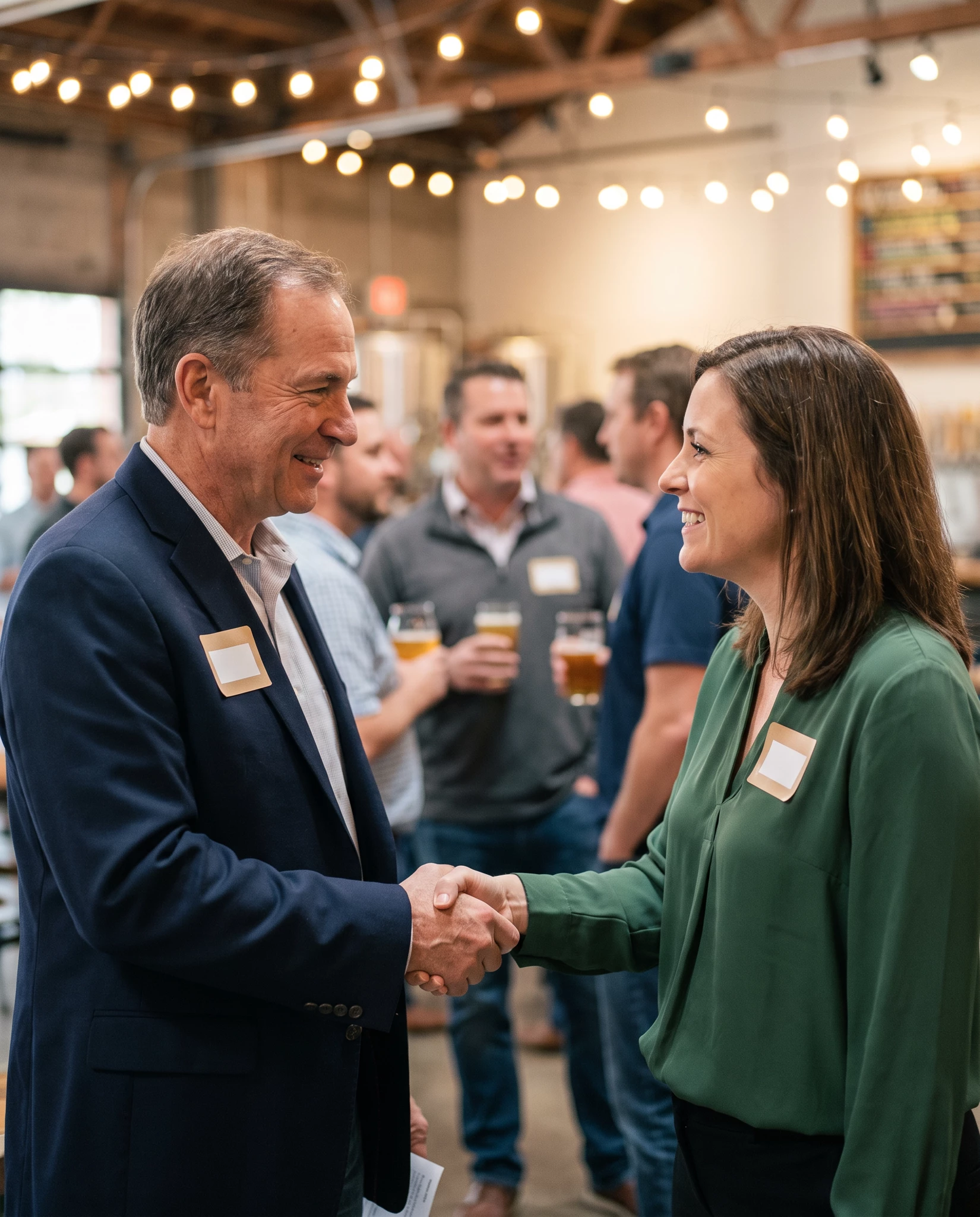 Two professionals shaking hands at a casual networking event in a brewery-style venue