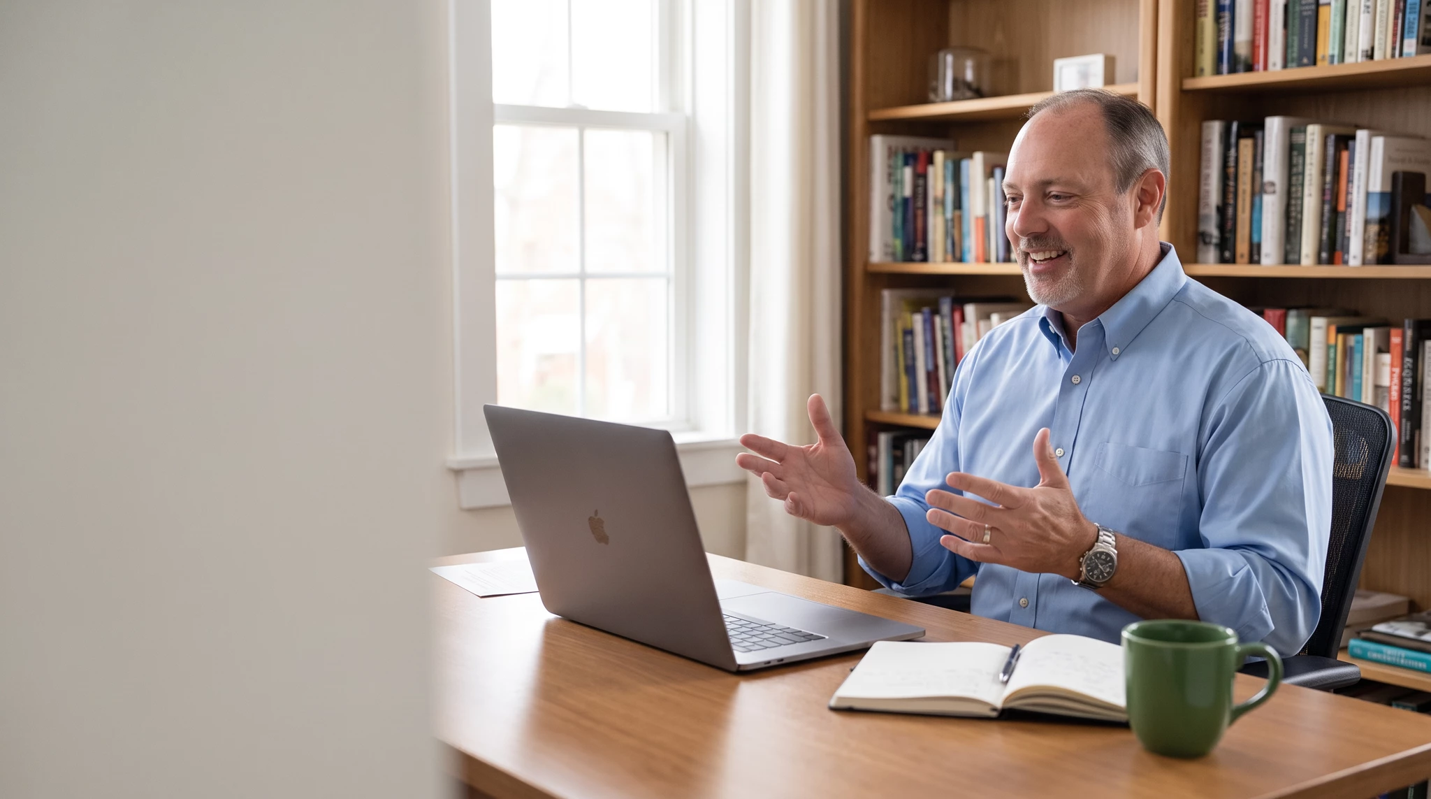 Smiling man in blue button-down gesturing while talking on a laptop video call at a wooden desk in a home office