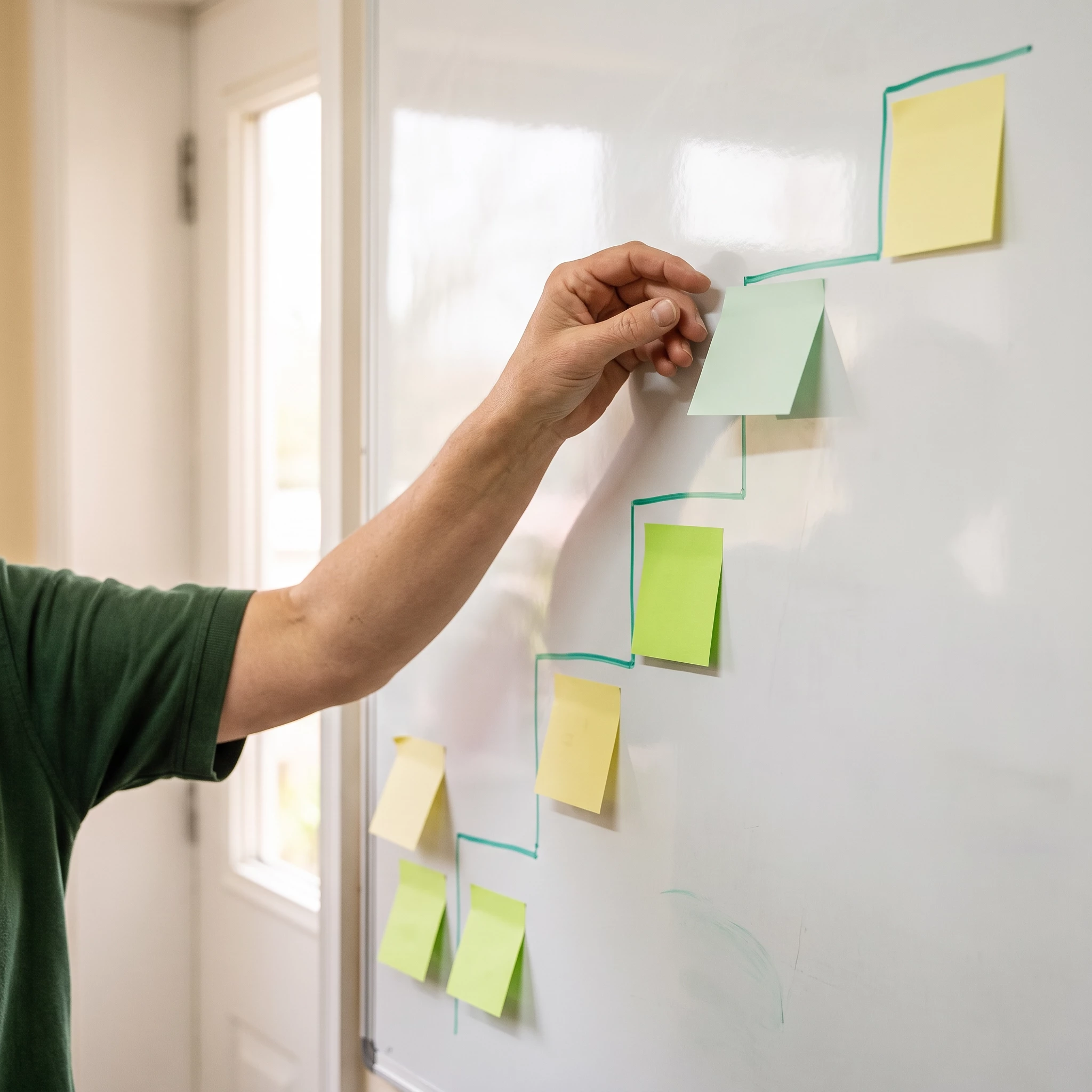 Person placing sticky notes along a teal-drawn process path on a whiteboard, yellow and green notes