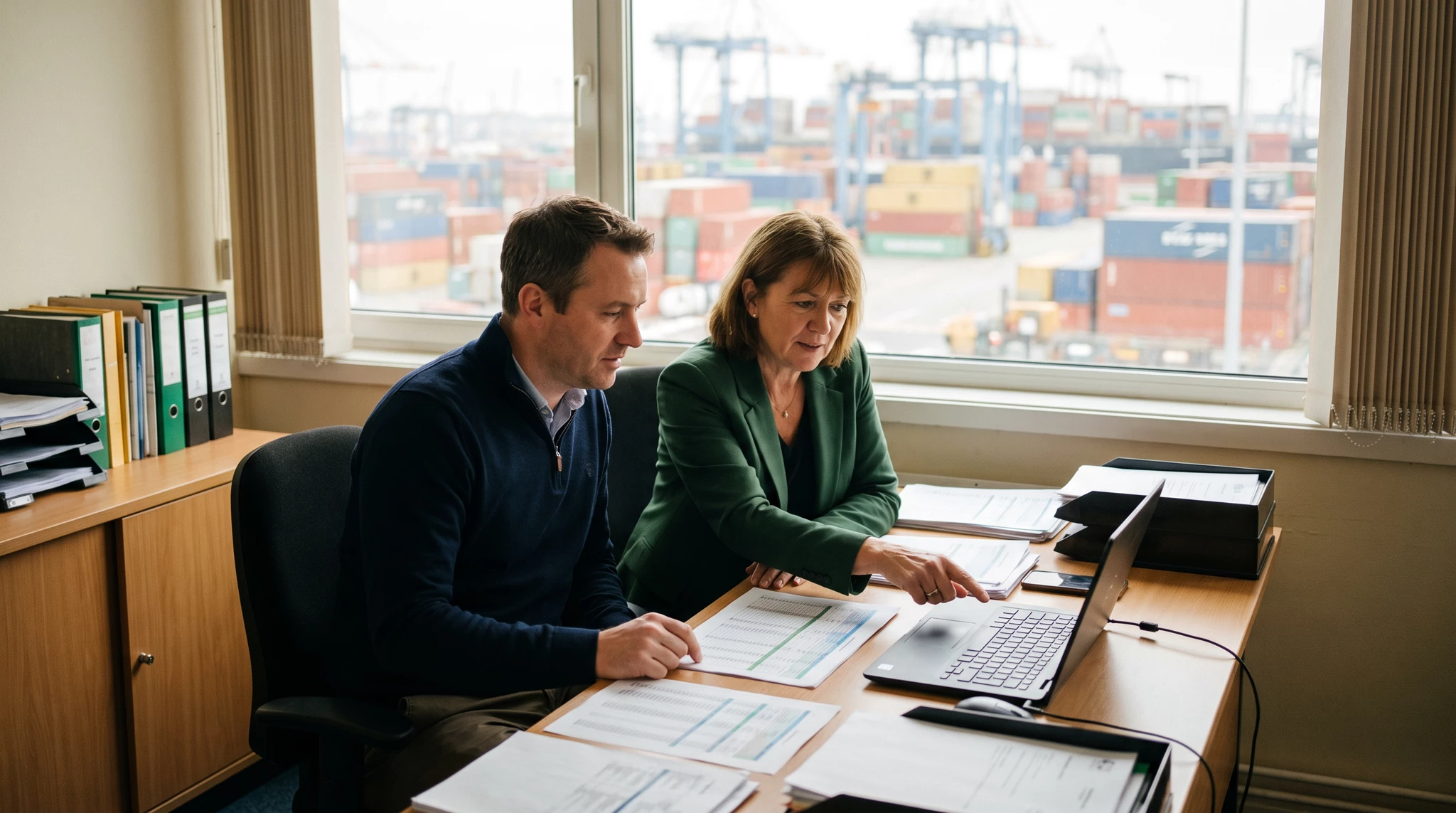 Two colleagues reviewing paperwork and a laptop at a desk in an office overlooking a container port