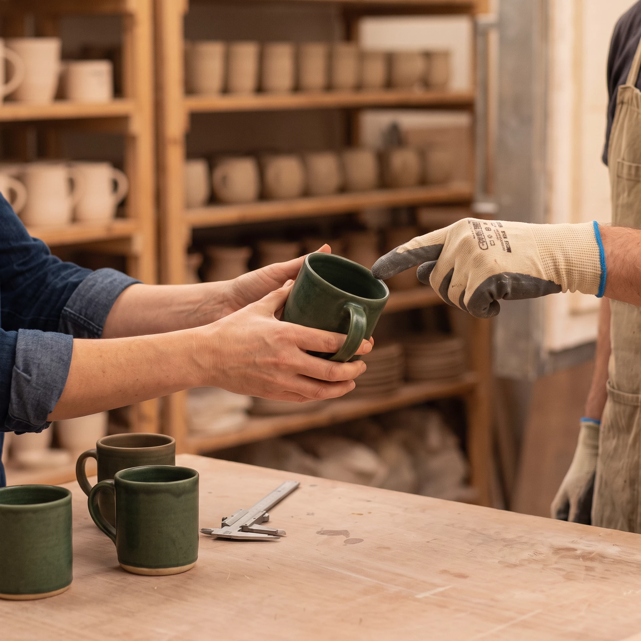 Hands passing a dark green stoneware mug across a pottery workshop bench, shelves of unglazed ceramics