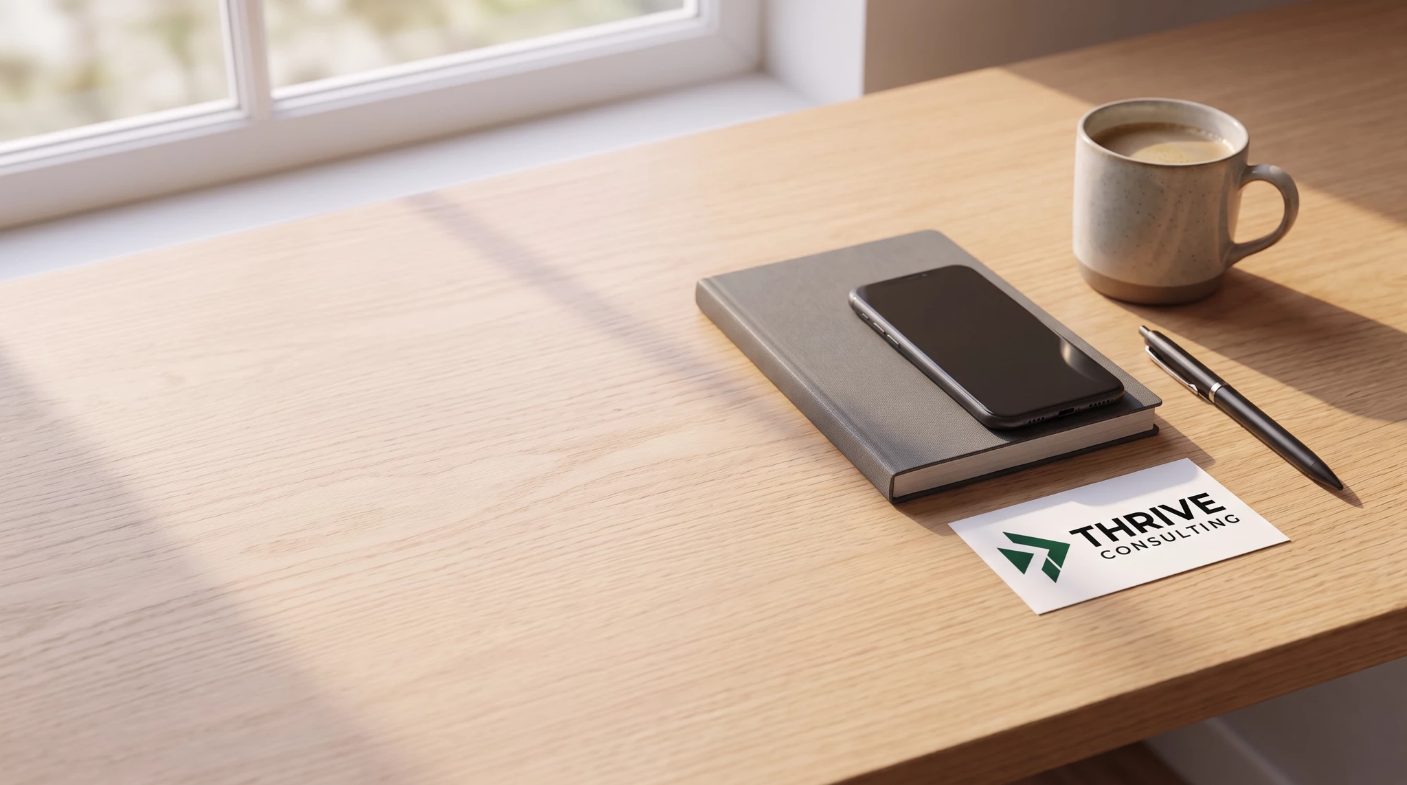 Thrive Consulting business card mockup on a wooden desk with notebook, smartphone, coffee mug and pen, bright window light