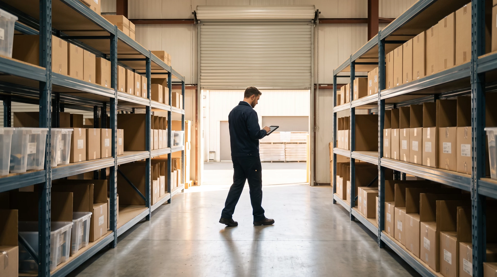 Warehouse worker in navy coveralls checking a tablet in an aisle between tall steel shelving stocked with cardboard boxes