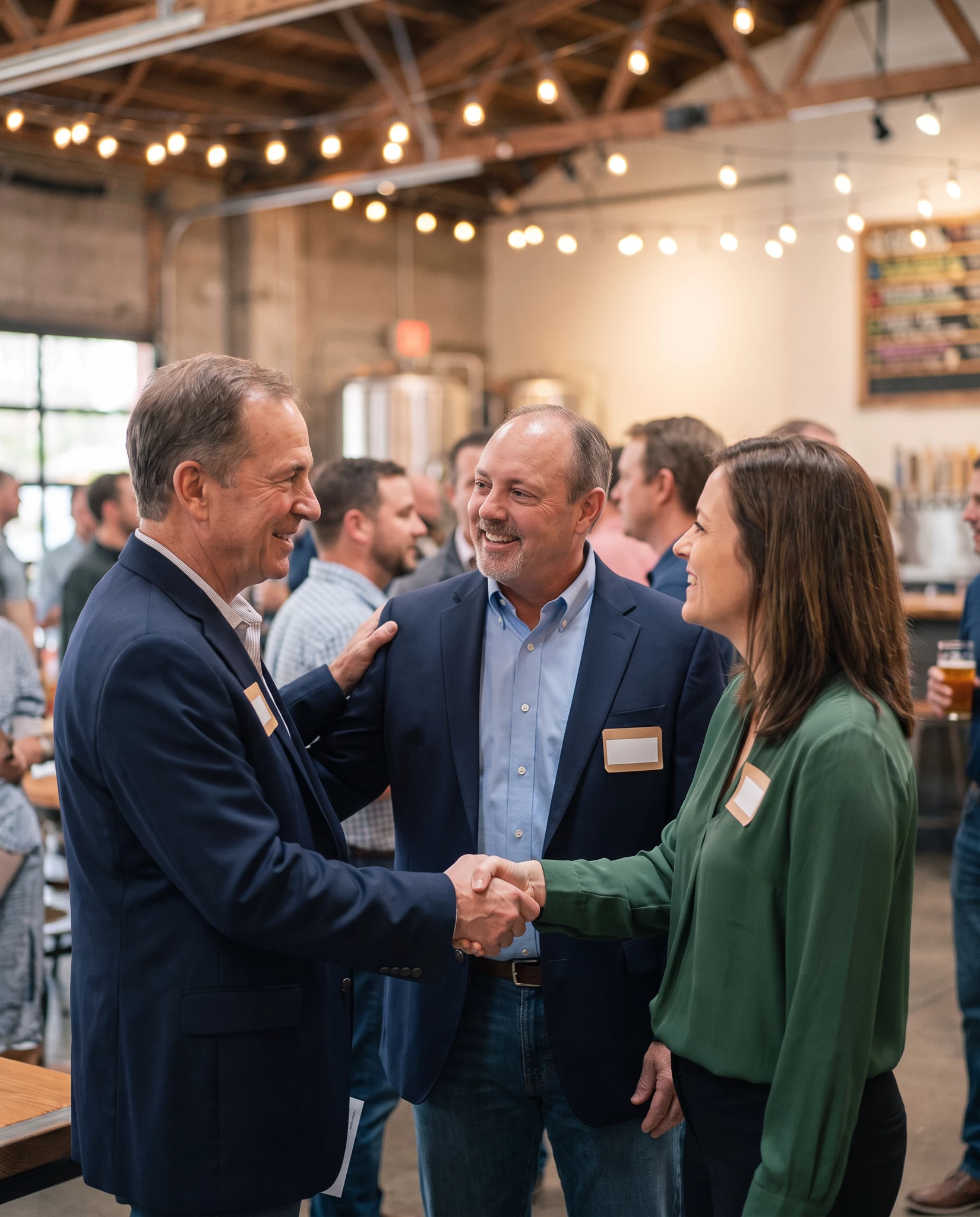 Three professionals at an indoor networking event in a brewery-style venue