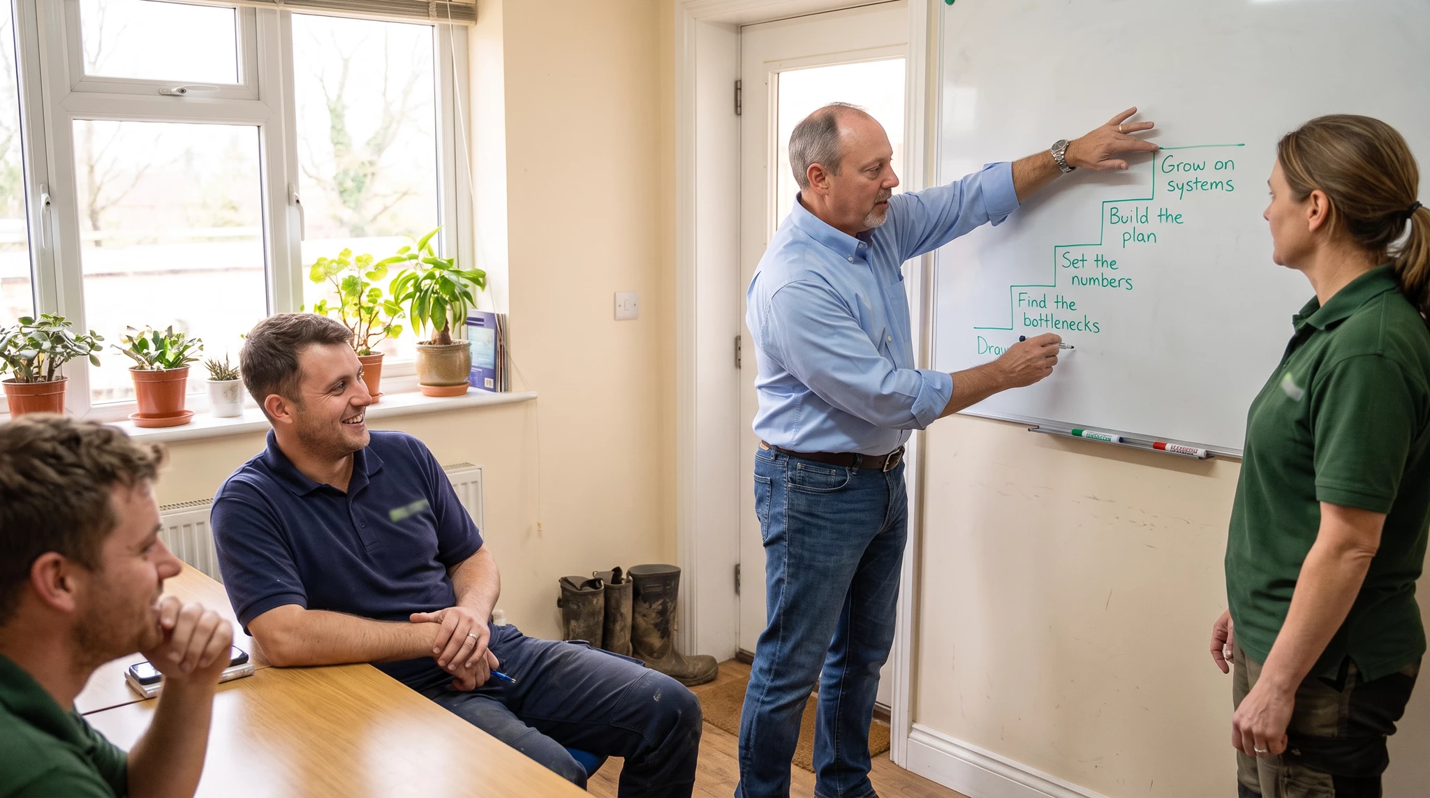 Team meeting in a bright office, man in blue shirt pointing at whiteboard with staircase diagram reading "Drop..."