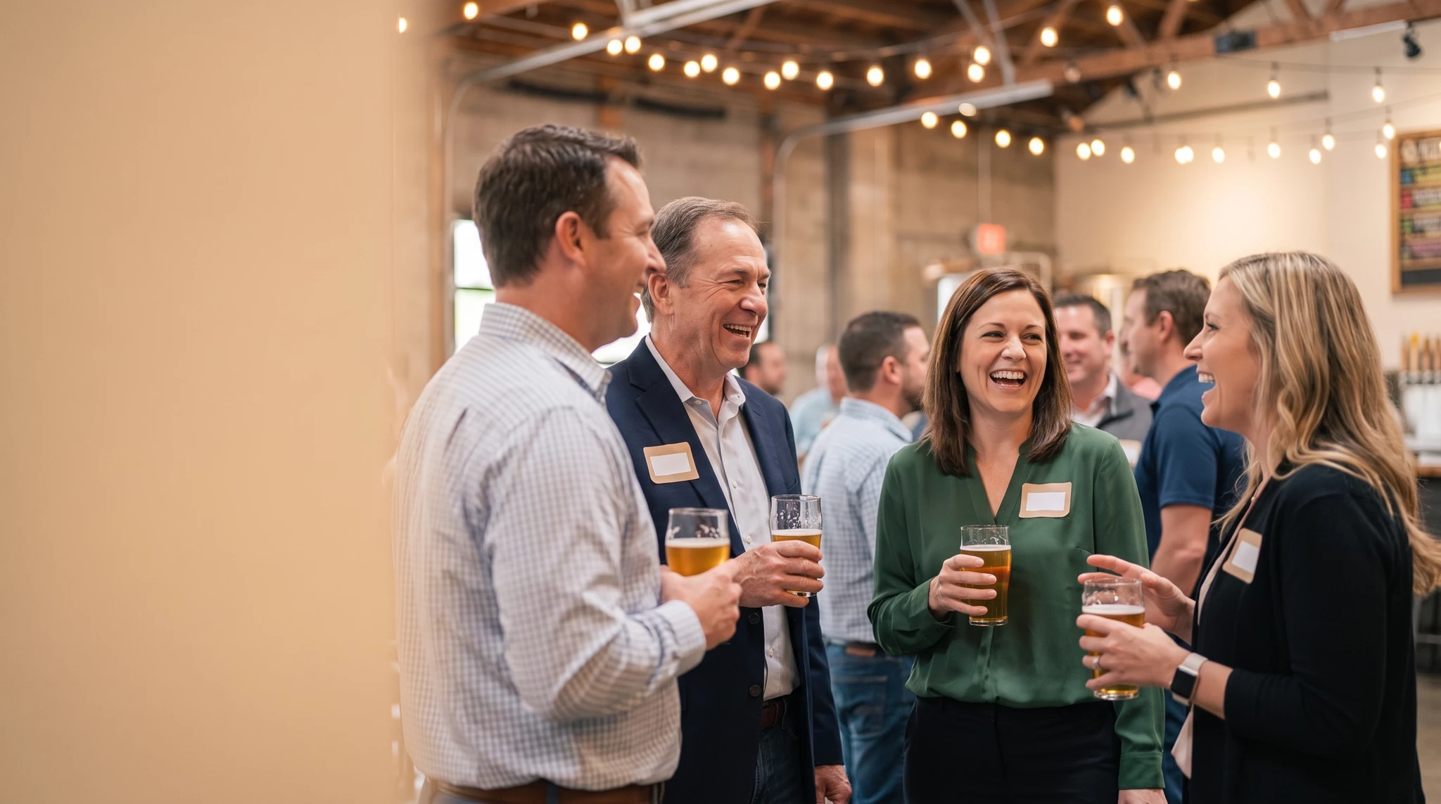 Four professionals laughing and holding beer glasses at an indoor networking event with string lights, name badges, candid