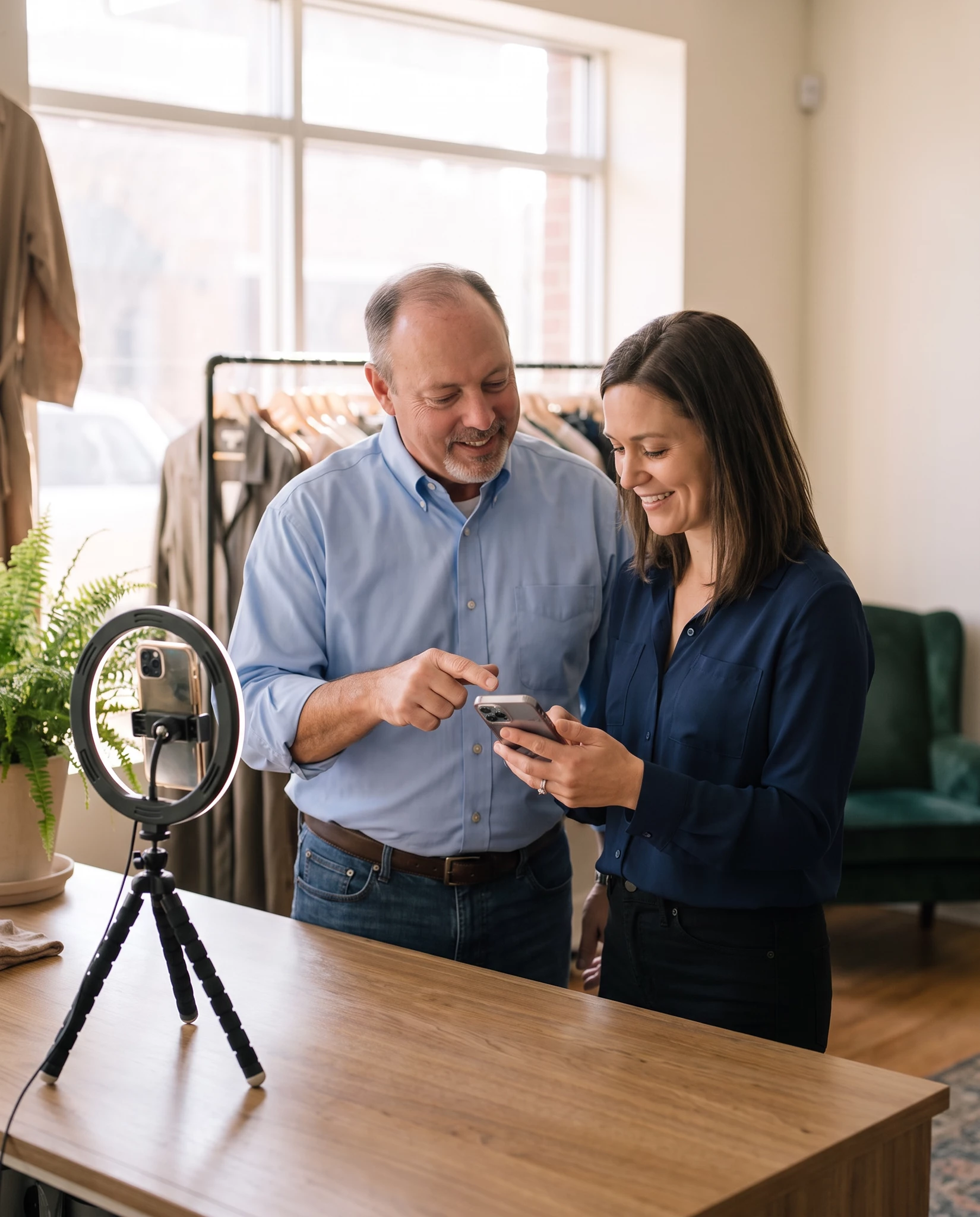 Smiling man and woman in a boutique looking at a smartphone together, ring light and phone on tripod in foreground