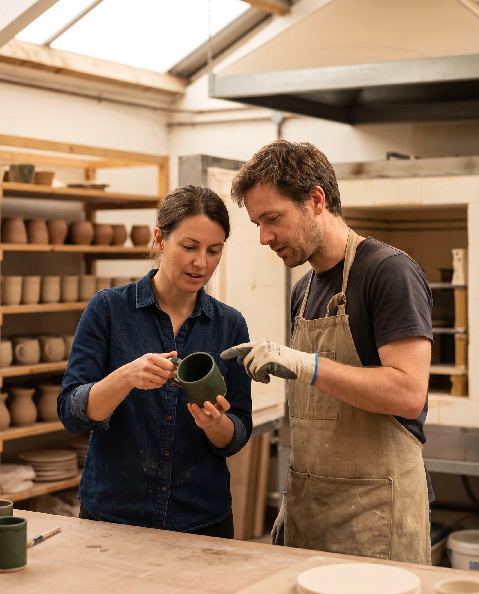 Two potters in a ceramics studio examining a dark green glazed mug, man in apron pointing at it