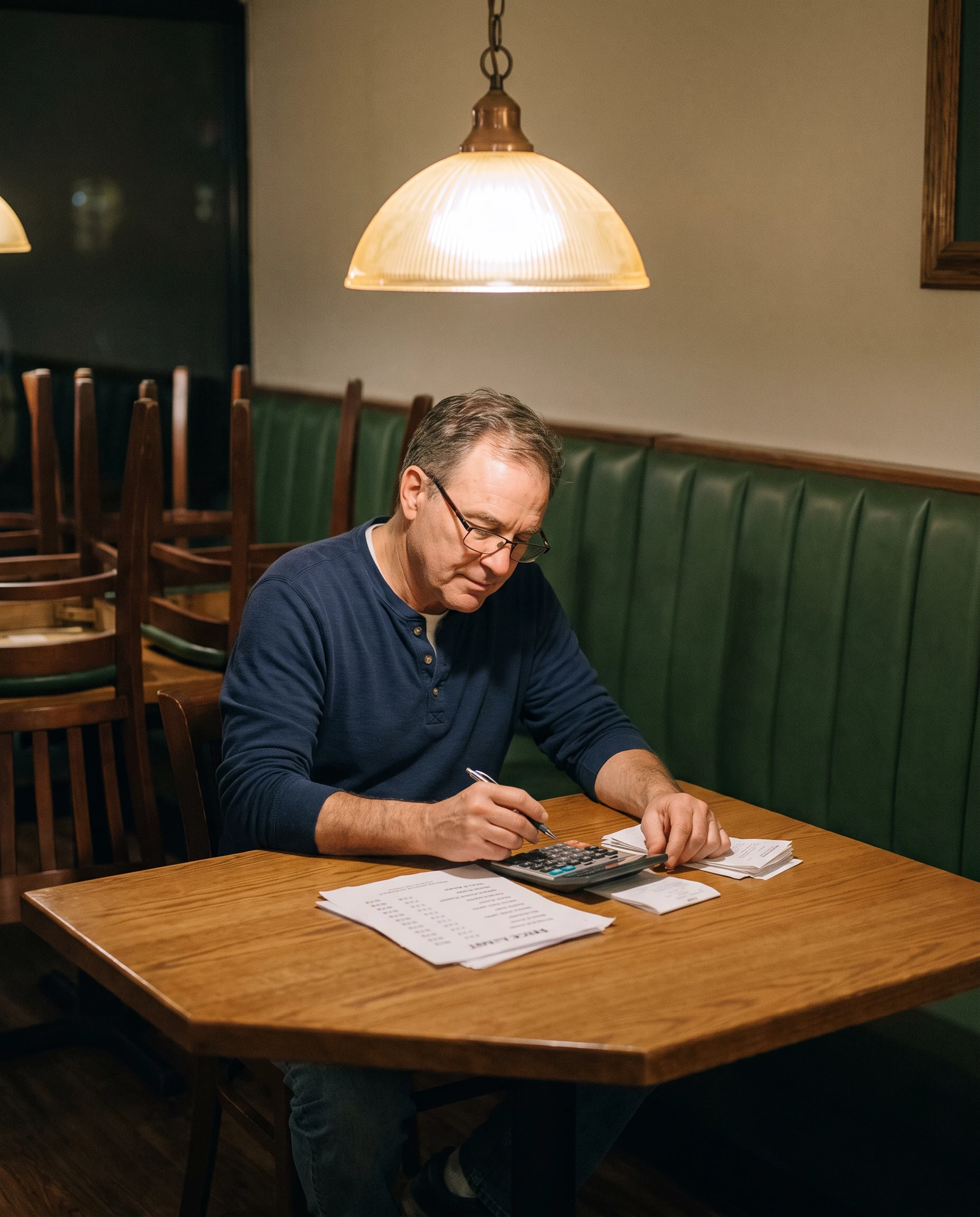 Middle-aged man in navy henley working out bills with a calculator and pen at a wooden table in a dim green-booth restaurant