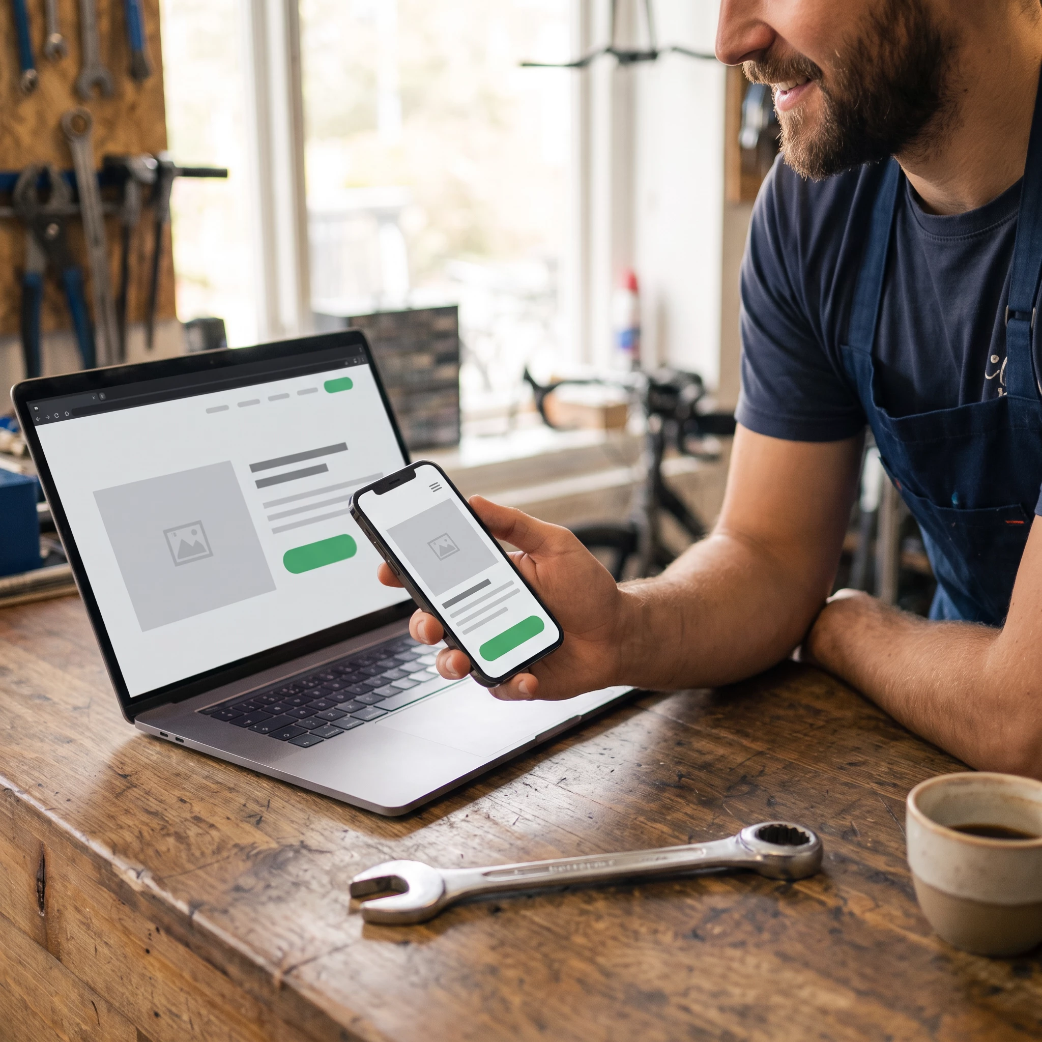 Smiling bearded mechanic in blue apron holding a phone beside a laptop showing a wireframe website layout with green button