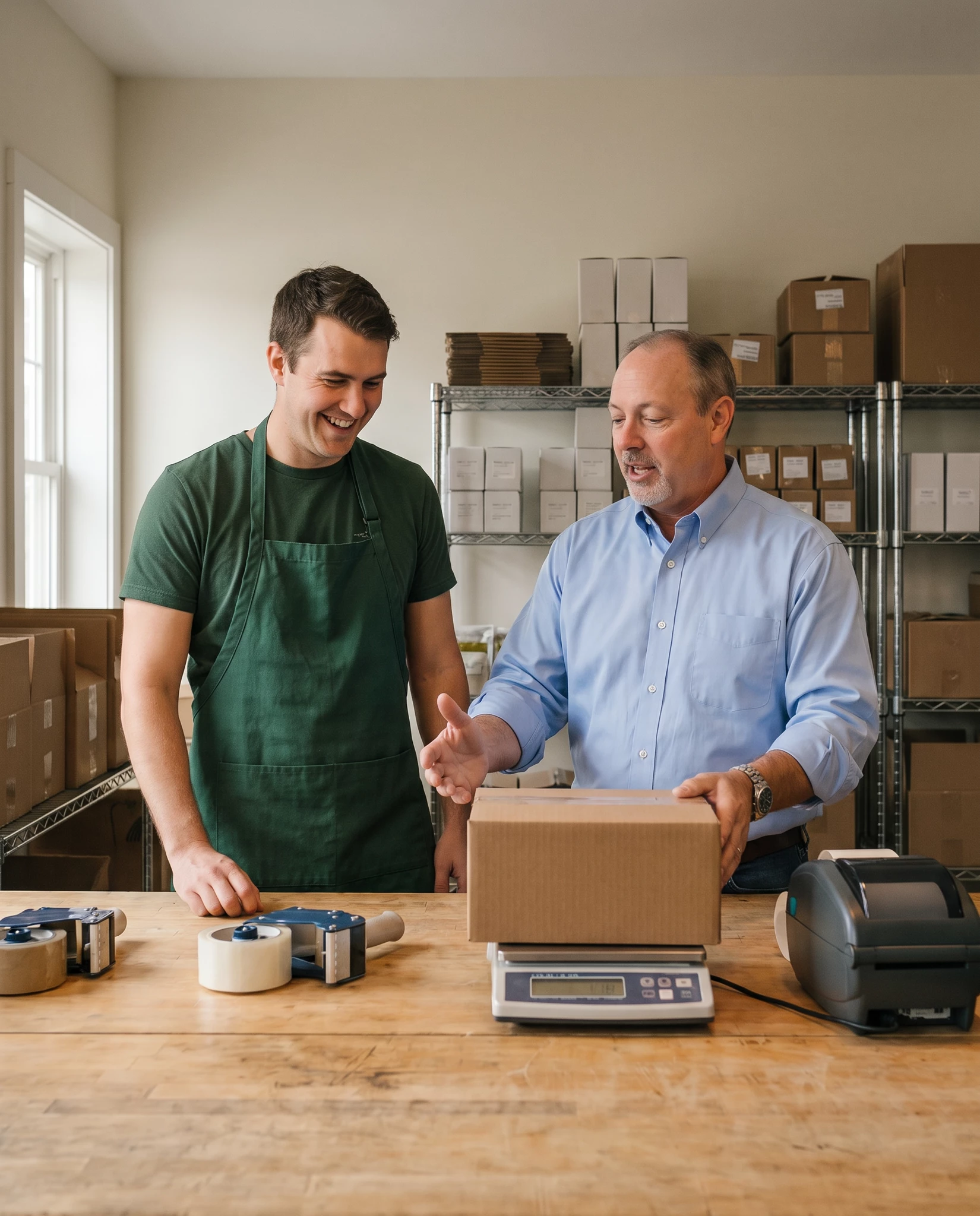 Two men at a packing station weighing a cardboard box on a digital scale, tape dispensers and label printer on wooden table