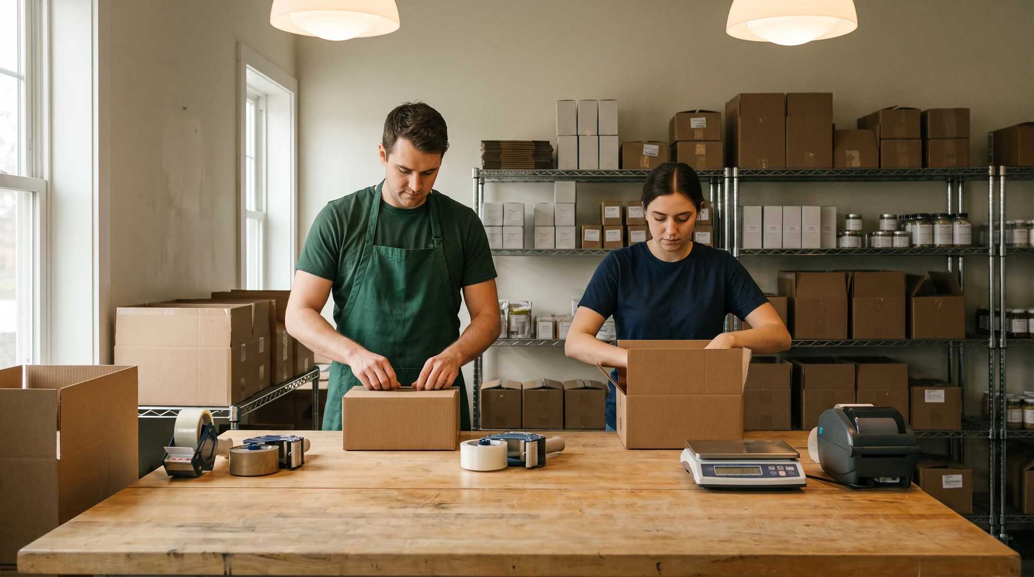 Two people packing shipping boxes at a wooden workbench in a bright storage room, tape dispensers