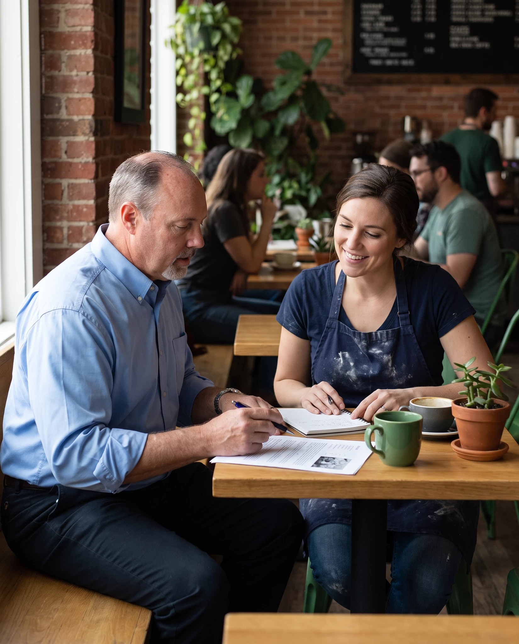 Two people reviewing paperwork at a café table, man in blue shirt signing a document with a pen and woman in navy apron