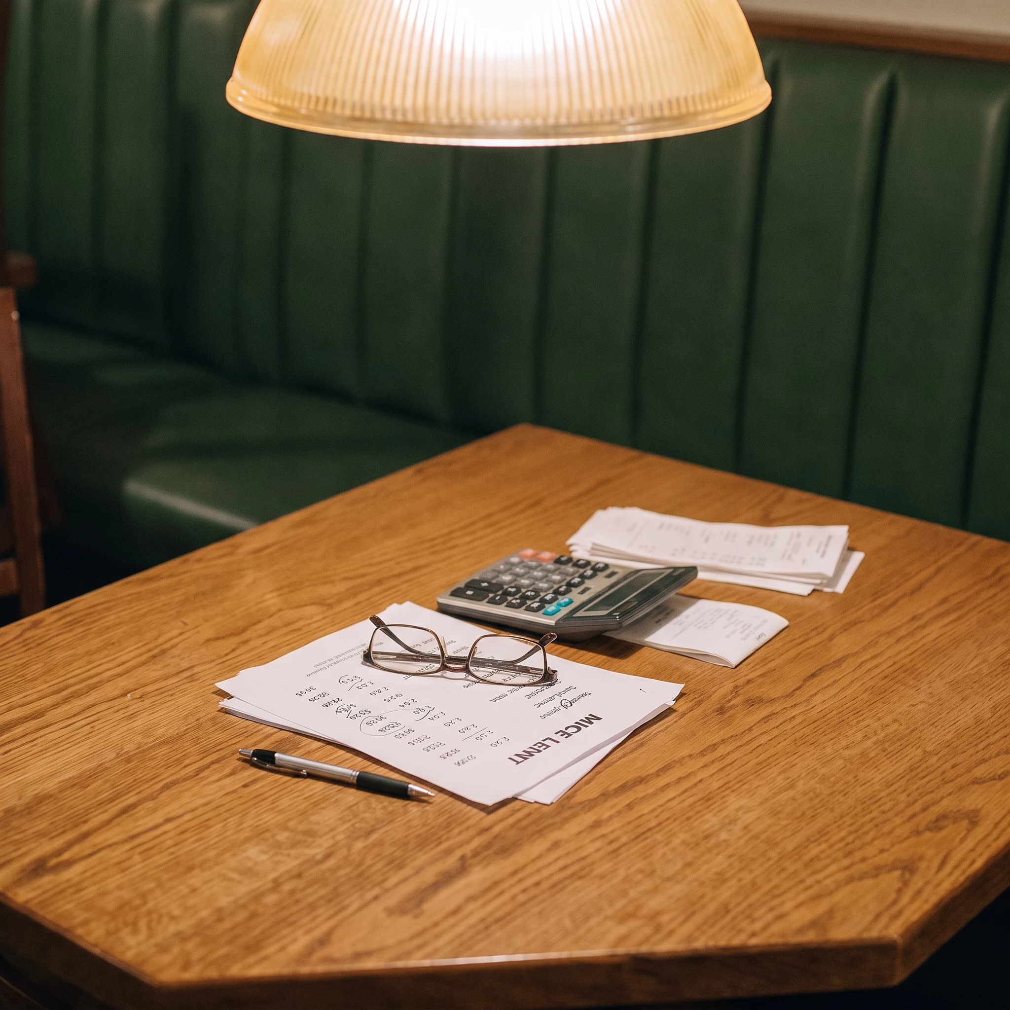 Wooden table with receipts, a calculator, reading glasses, and a pen beside a green leather booth under a glass pendant lamp
