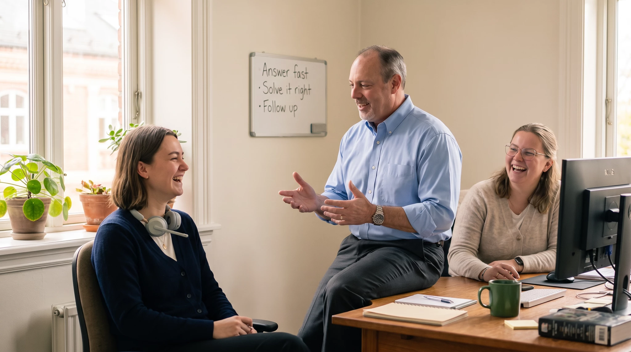 Three colleagues laughing in a bright office, man in blue shirt gesturing while seated on desk edge