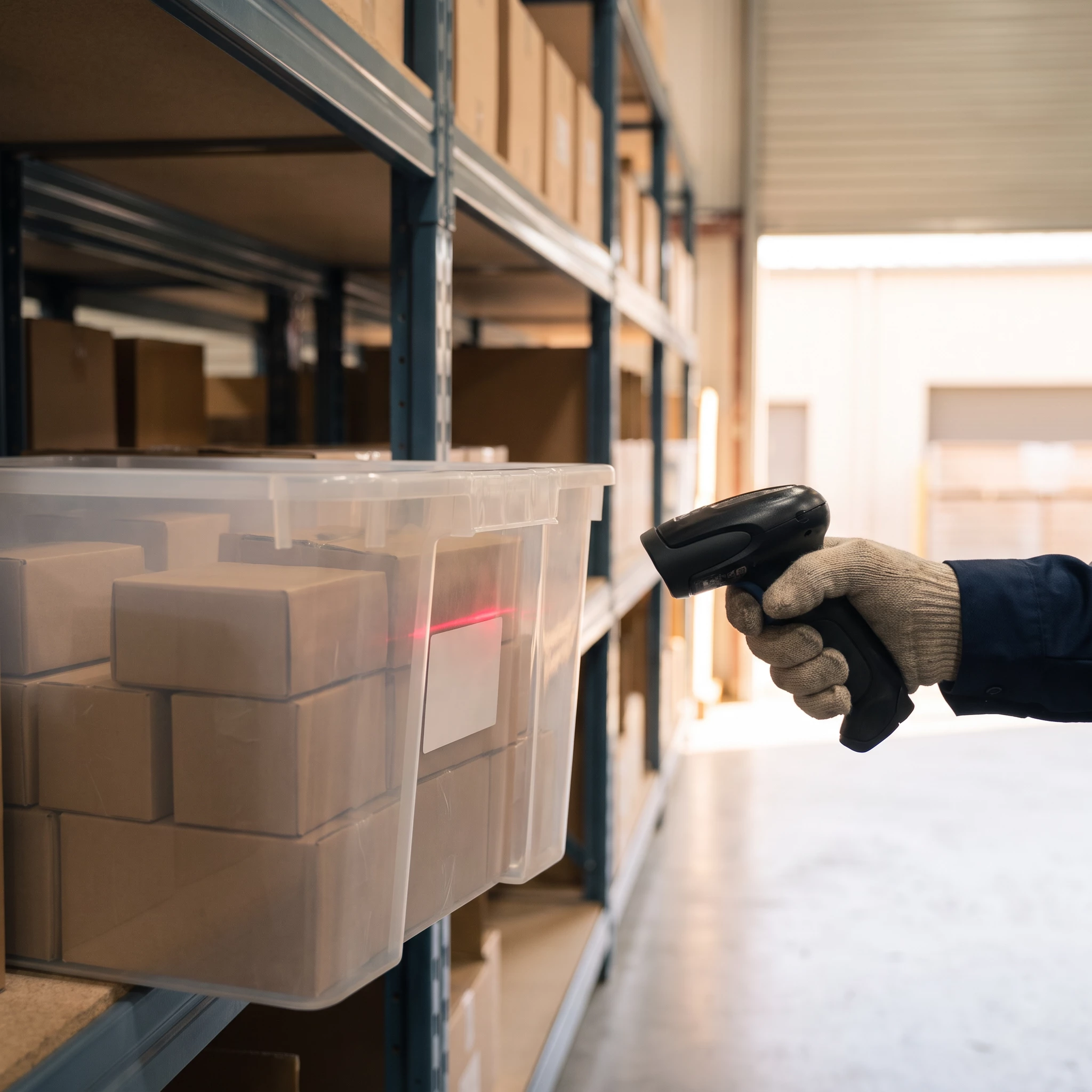 Gloved hand aiming a black barcode scanner with red laser at a clear plastic tote of cardboard boxes on warehouse shelving