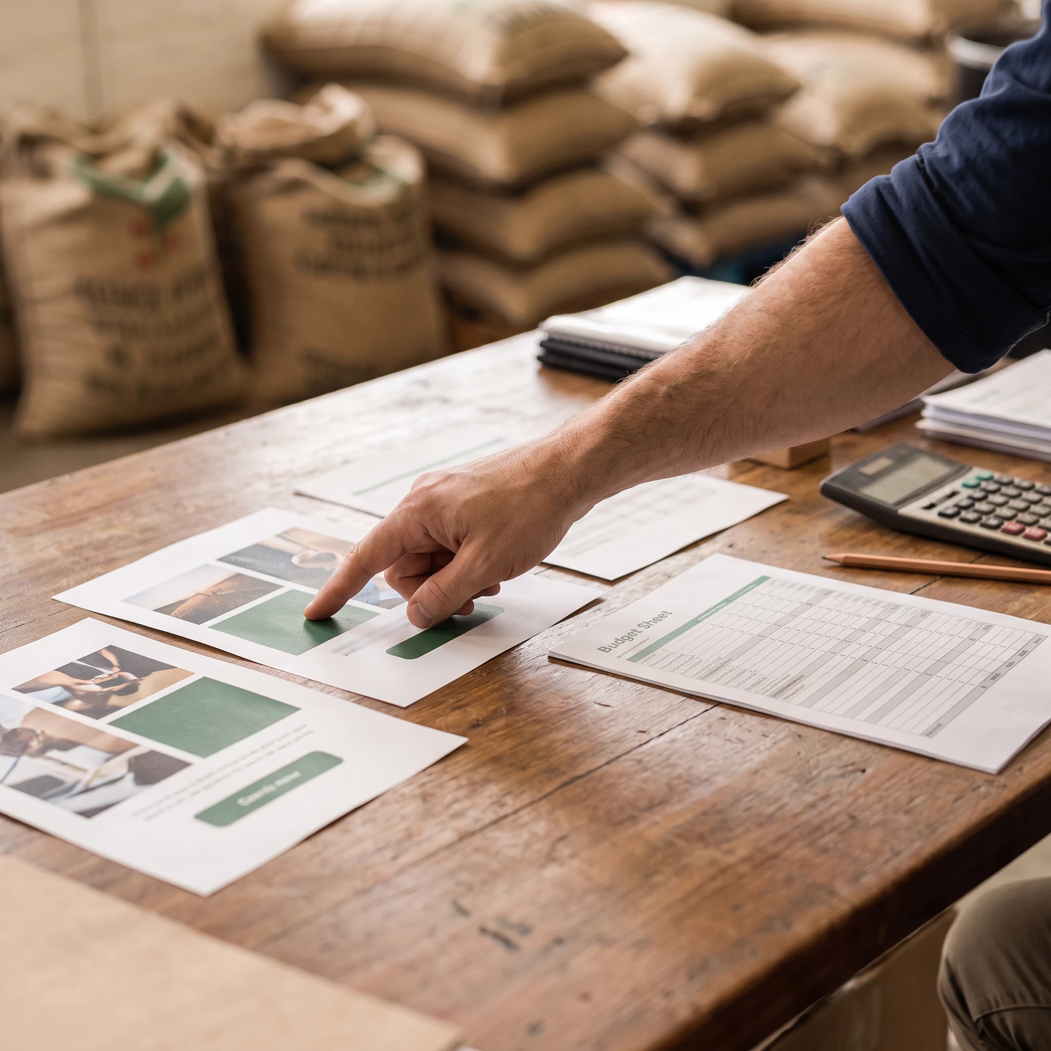 Hand pointing at a printed layout mockup with green-accented photo panels and a "Budget Sheet" spreadsheet on a rustic