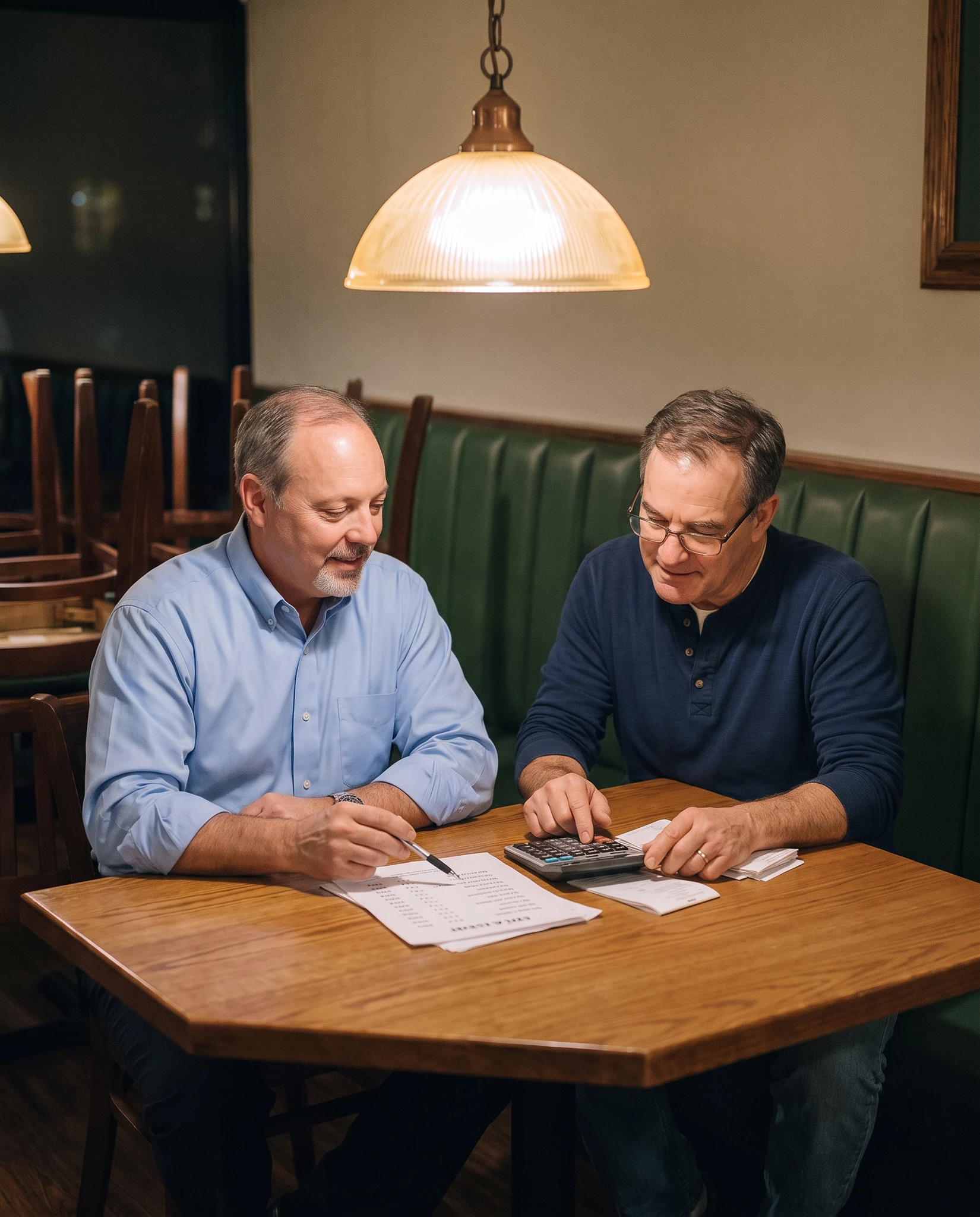 Two middle-aged men at a wooden diner table reviewing paper bills and a calculator under a pendant lamp, green leather booth